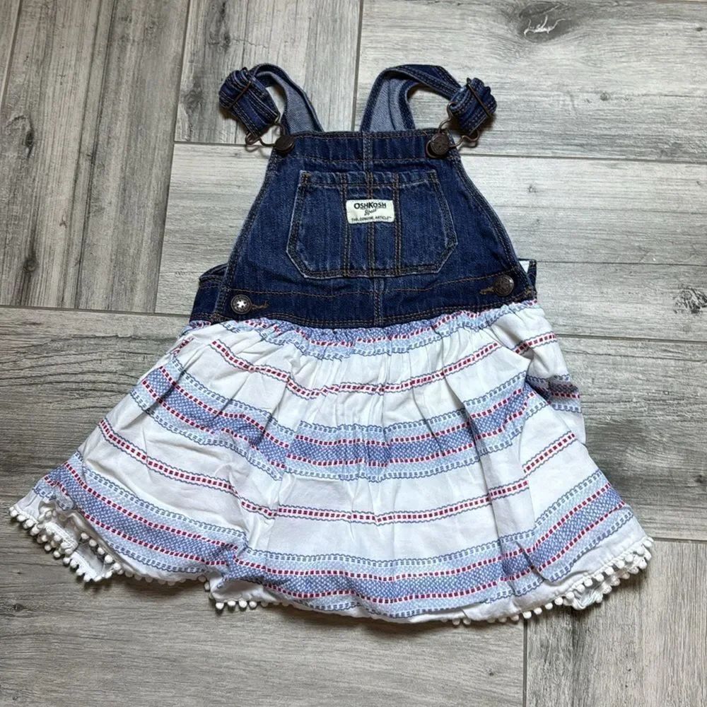 OshKosh B'gosh Kids Girls Red White Blue Denim Stripe Overall Jumper Dress 3T